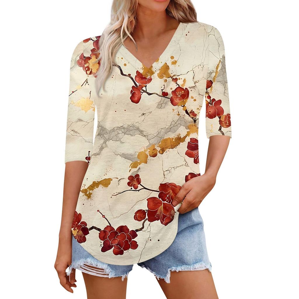 Shirts For Women Trendy V Neck T Shirts Casual Printed Blouse Half Sleeve Tops For Women