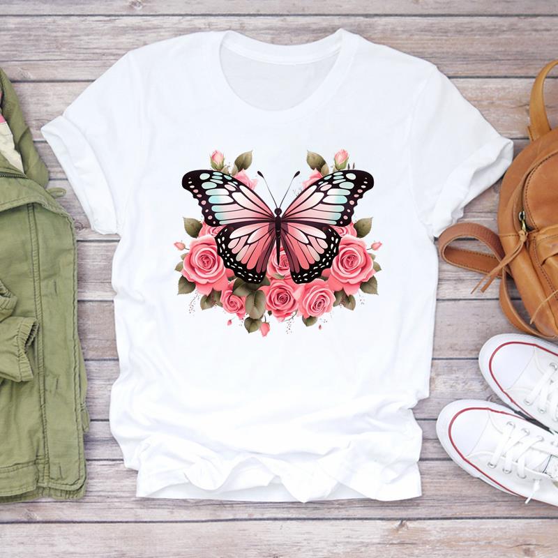 (Asian Size) Print Lady T Shirt Fashion Love Sweet Flower Cute Women Clothing Casual Top Short Sleeve Tee Female Graphic T-shirts