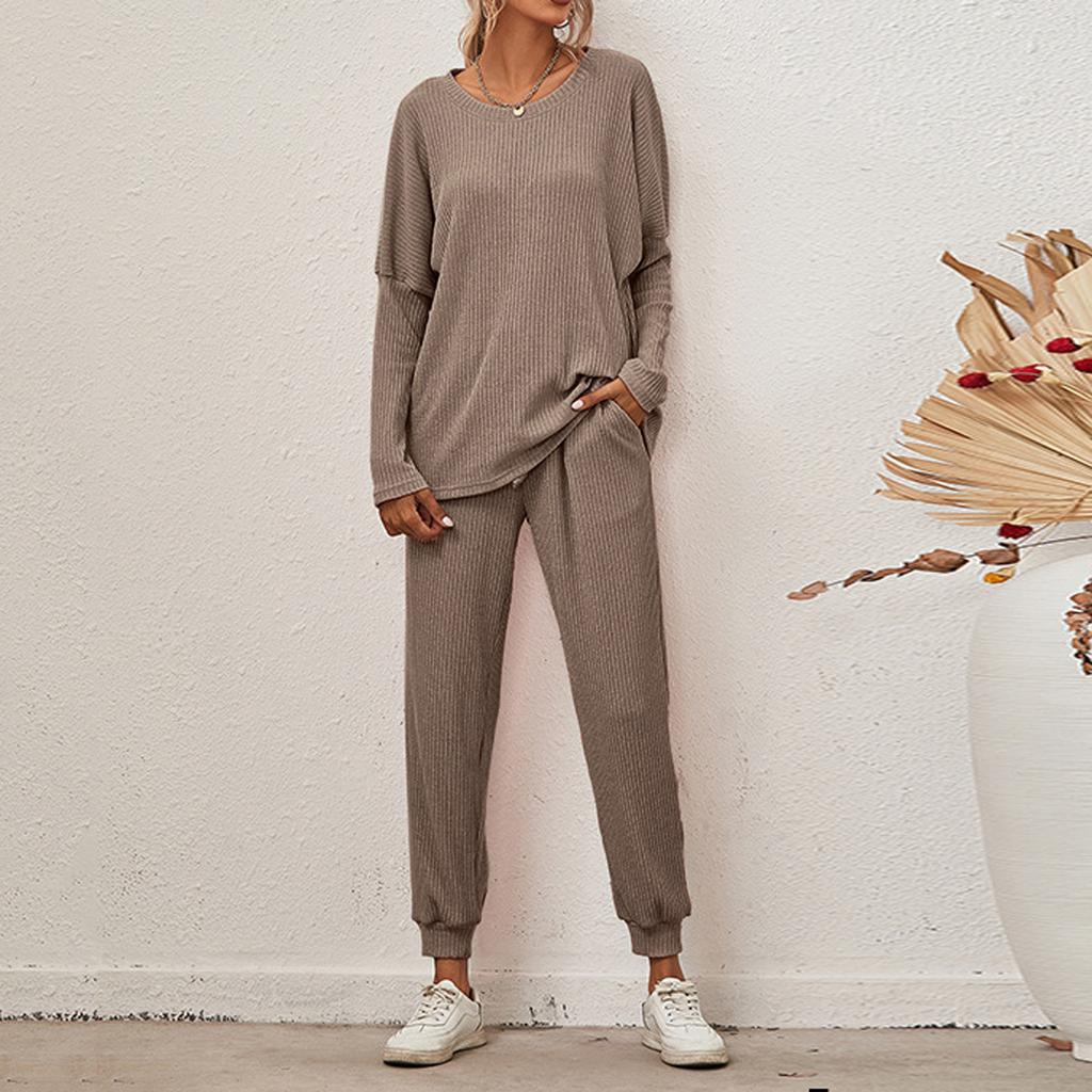 Women's 2 Piece Outfits Sets Ruched Long Sleeve Tops Wide Leg Pants Tracksuit Sets