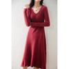 Women's Pure Wool V-Neck Ribbed Knit Dress: Slim, A-Line, Warm Autumn/Winter Sweater Skirt.