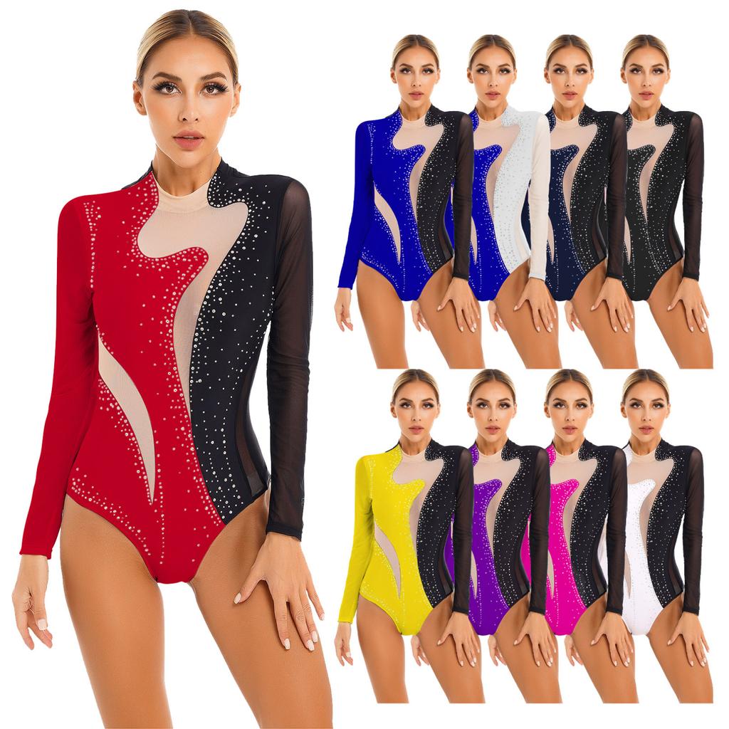 Womens Color Block Patchwork Leotard Sparkling Rhinestone Sheer Mesh Long Sleeve Bodysuit for Gymnastics Acrobatics Dance