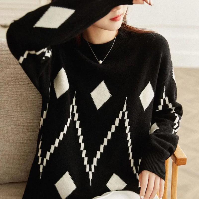 Жаккардовый свитер с ромбовидной лестницей, женский пуловер 2022, новый пуловер с напуском и круглым вырезом, женский свитер с длинными рукавами