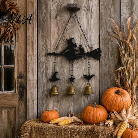 Halloween Wind Chime Witch Broom Chime, Holiday Party Decorative Hanging Metal Bell for Indoor Outdoor Garden Patio Porch Weather Resistant