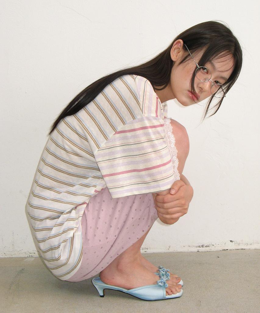 RONRON Mix Stripe Contrast Over Fit T Shirt Pink Purple
