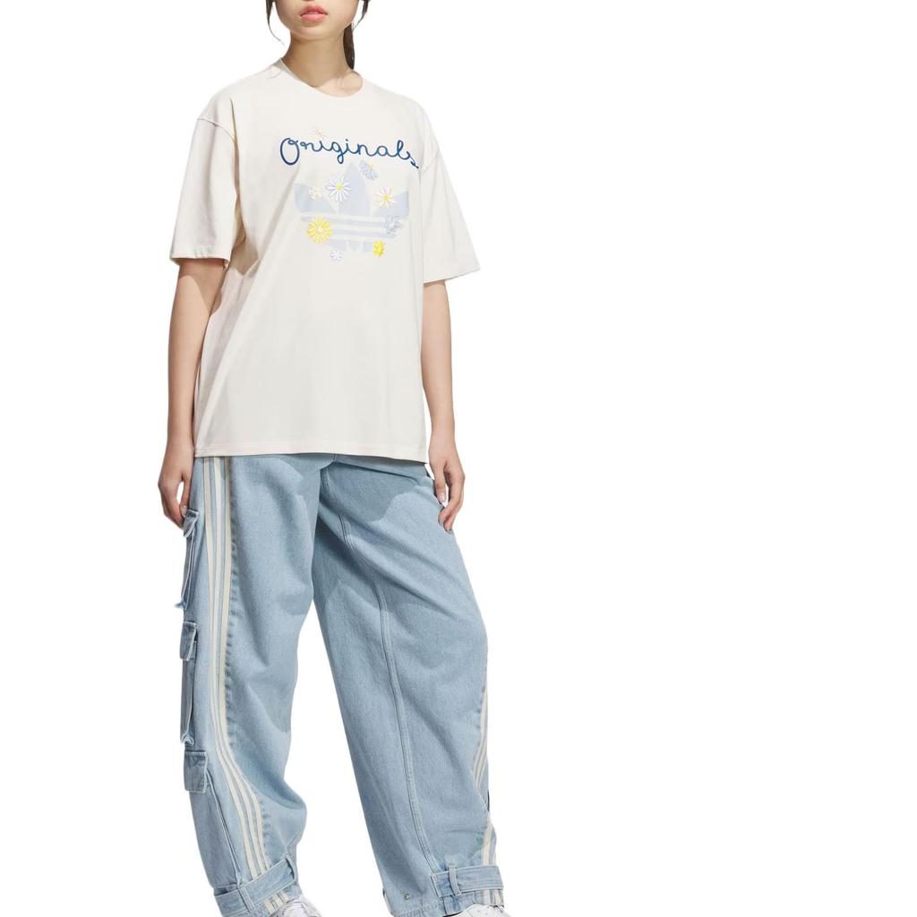 Adidas Оригинальная Графическая Удобная Повседневная Простая Универсальная Влагоотводящая Футболка с Коротким Рукавом Женские Топы Розовый Белый KB8958