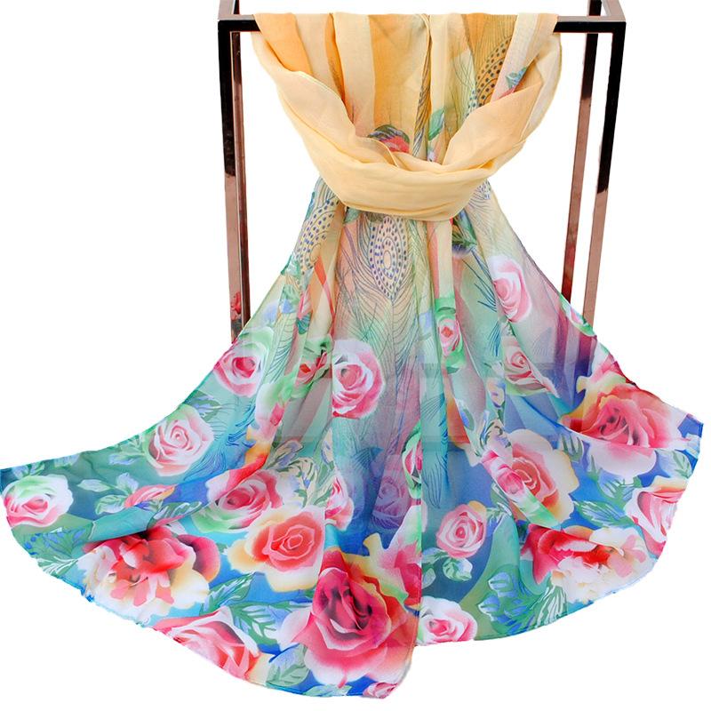 Autumn Peacock Feather Rose Chiffon Long Silk Scarf Women's Small Scarf EMA
