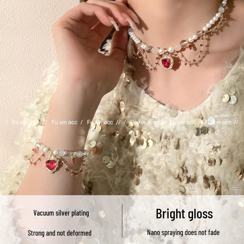 Жемчужное ожерелье в стиле французской барочной Лолиты: Элегантная цепочка на ключицу Ханьфу с кольцом Love