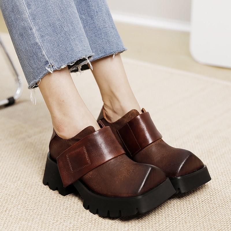 Johnature Женские туфли на платформе с квадратным носком в стиле ретро, ​​универсальные однотонные туфли из натуральной кожи на толстой подошве