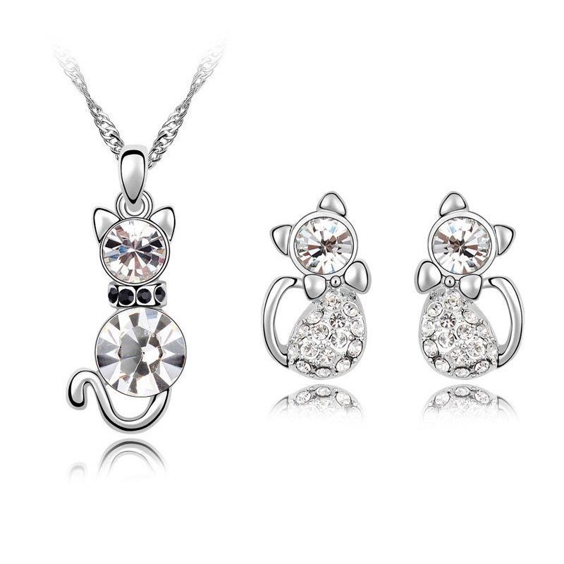 Crystal Cat 3pcs Shaped Necklace Earrings Jewelry Set  Gift Teen Girls Women For