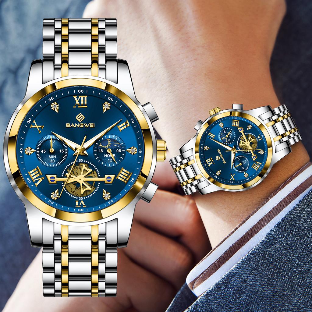 BANGWEI Mens Watches Classic Multifunctional Fltwheel Chronograph Original Quartz Wristwatch Moon Phase 24 Hour Waterproof Watch