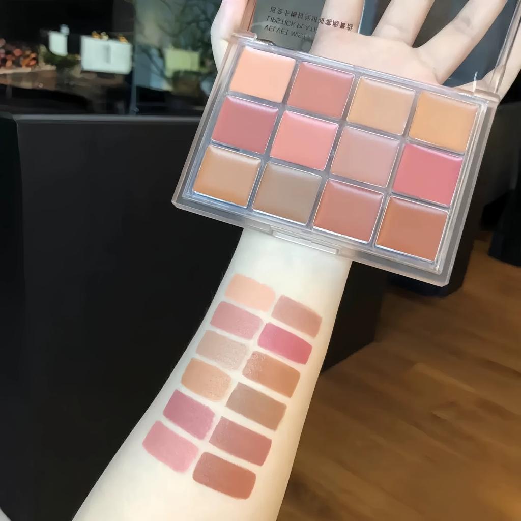 Carmela Velvet Mist 12-Color Lipstick Palette for Layering Lip Glaze, Daily Low Saturation Whitening Lip Mud Lipstick Lip Gloss Palette