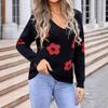 Women's Fall/winter Plus-size V-neck Long-sleeved Floral Knit Sweater