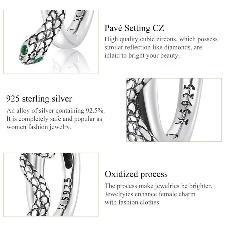 BAMOER 925 Sterling Silver Snake Ear Buckles Inlaid with Green Zirconium Women Hoop Earrings Fine Jewelry Women Statement Gift