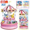 Amusement Electric Park Merry-go-round Carousel Mini LED Blocks Bricks Music Box Lighting Building Girl Toy Panda Cub Model Gift