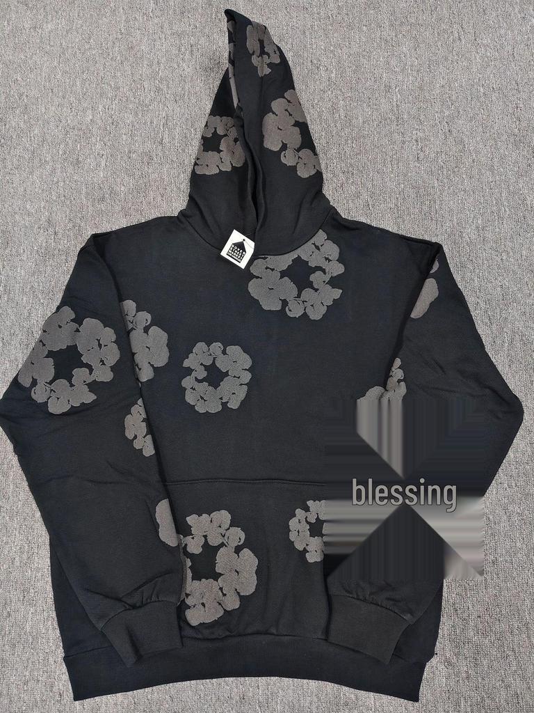 Худи из плотного хлопкового денима с цветочным принтом - Модная американская уличная куртка для мужчин