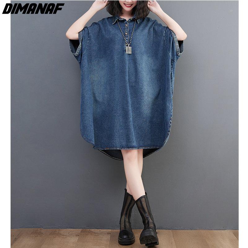 Dimanaf Women 2023 New Summer Dress Denim Dress Elegant Long Dress Short Sleeve Loose Dress Blue Basic Dresses
