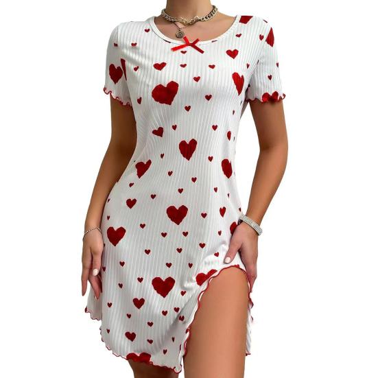 Женская ночная рубашка контрастного цвета с принтом в виде сердца, сборками по краю, декором в виде банта, разрезом по низу, свободные короткие рукава, летнее платье для сна