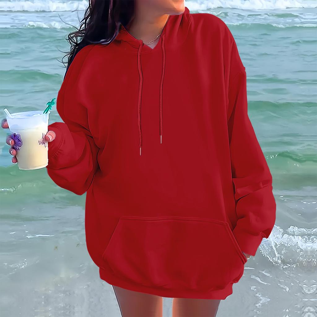 Женская модная повседневная толстовка с длинными рукавами и круглым вырезом с капюшоном, однотонная толстовка с прошитой нитью