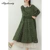 Японское платье Mori Girl весна-осень для женщин, свободное платье миди, милое кружевное платье с воротником Питер Пэн, зеленое, серое, синее, с цветочным принтом, винтажное элегантное платье
