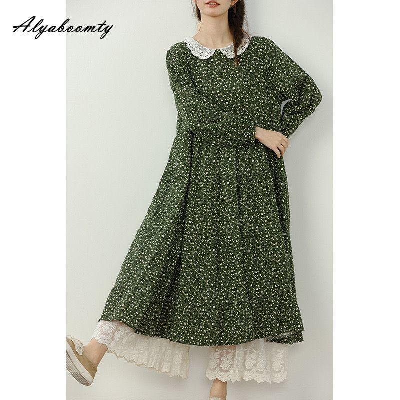 Японское платье Mori Girl весна-осень для женщин, свободное платье миди, милое кружевное платье с воротником Питер Пэн, зеленое, серое, синее, с цветочным принтом, винтажное элегантное платье