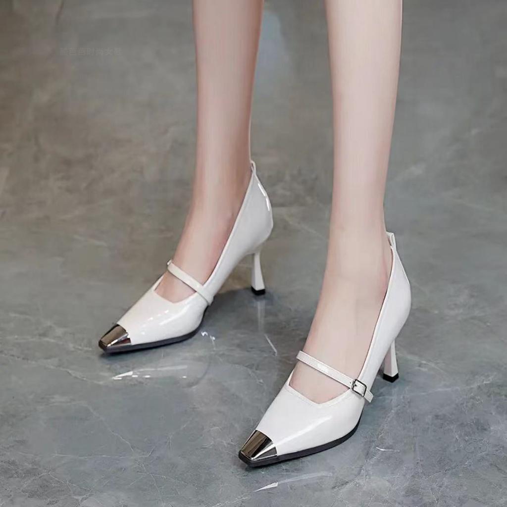 French Fashion High Heels Women's 2025 Spring New Metal Pointed Thin Heel Shallow Mouth Patent Leather One-word Buckle Strap Single Shoes