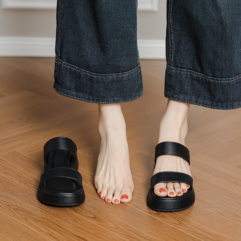 Thick-soled muffin wedge slippers summer wear French temperament fashion versatile one-word open-toe high-heeled beach shoes