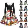 Christmas Print Flare Dress For Women Long Sleeve Dress Hollow Party Casual Dresses