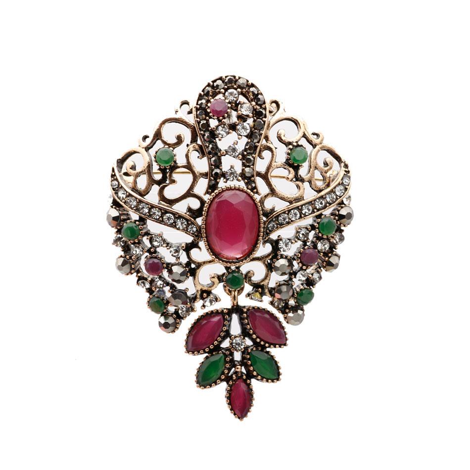 Women's Ethnic Hollow Flower Retro Brooch Antique Gold Color Circular Resin Scarf Corsage Light Jewelry Gift