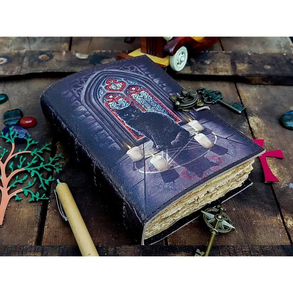 Leather Journal Spell Wizard Cat Book Blank Magic Notebook Book Of Shadows Wicca