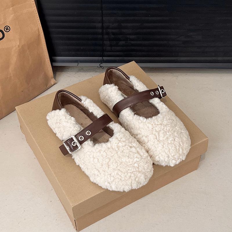 Плоские осенние и зимние туфли из плюша, женская обувь, новинка 2024 года, французские туфли Мэри Джейн для вечернего ветра Doudou single