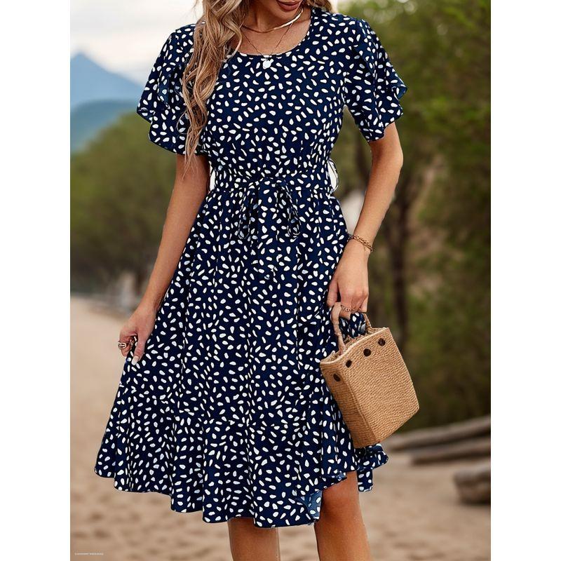 Cross-Border European and American Summer New Fashion Dots Print Waist Hugging Frill Short Sleeve Mid-Length Dress Dress