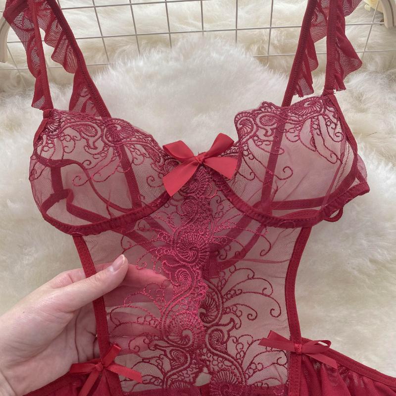 Porno Sheer Lace Nightwear Playsuits Women Sheath Hollow Out Lingerie Ruffles Jumpsuits Female Short Transparent Sexy Bodysuits 2024