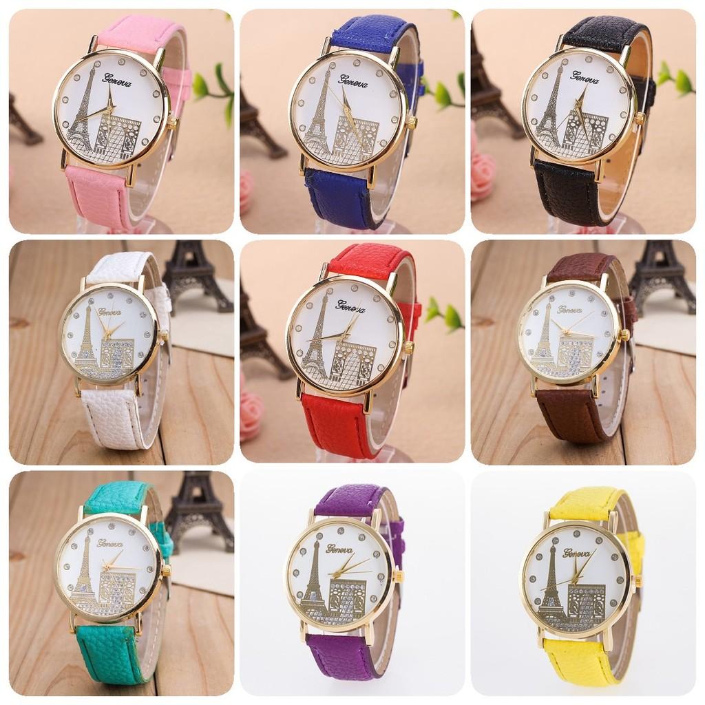 Elegant European Style Geneva Eiffel Tower Water Crystal Quartz Watch With Pu Strap