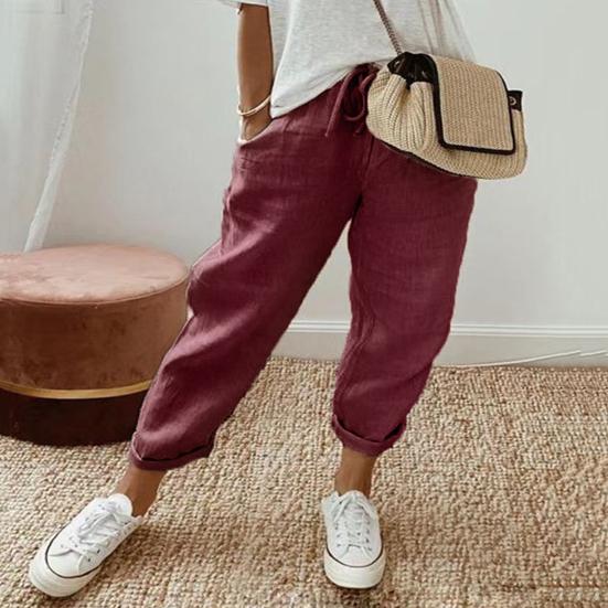 Женские повседневные брюки, однотонные свободные длинные брюки, эластичный пояс, регулируемые брюки на шнурке с карманами