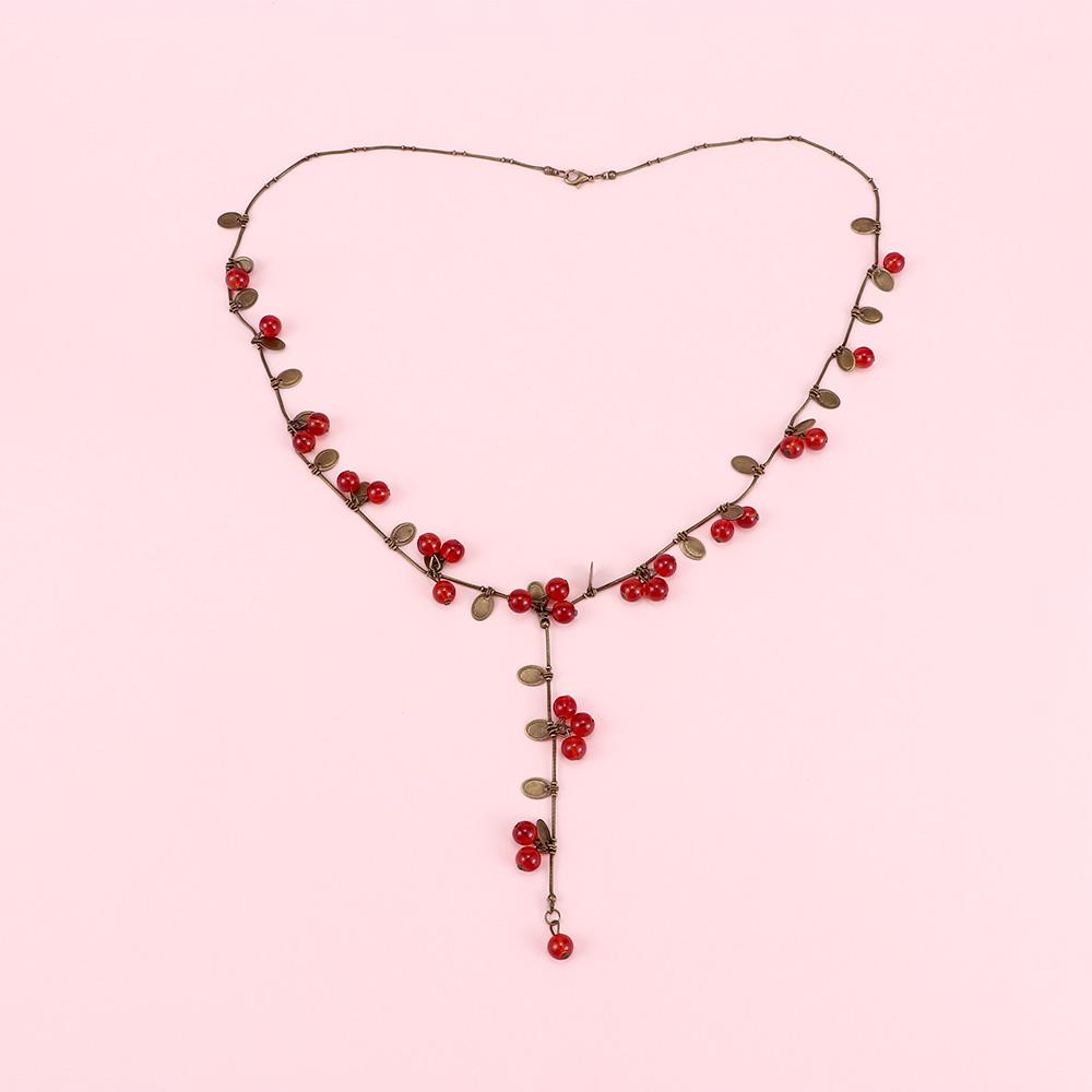 Beads Pendant Korean Jewelry Accessories Women Necklace Beautiful Long Sweater Chain Red Cherries