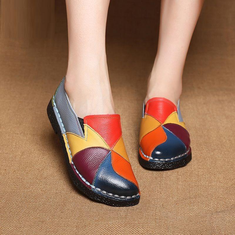 Designer Patches Ballet Flats For Women Luxury Vintage Shoes Big Size 42 Women's Genuine Leather Moccasins Mom Rainbow Loafers
