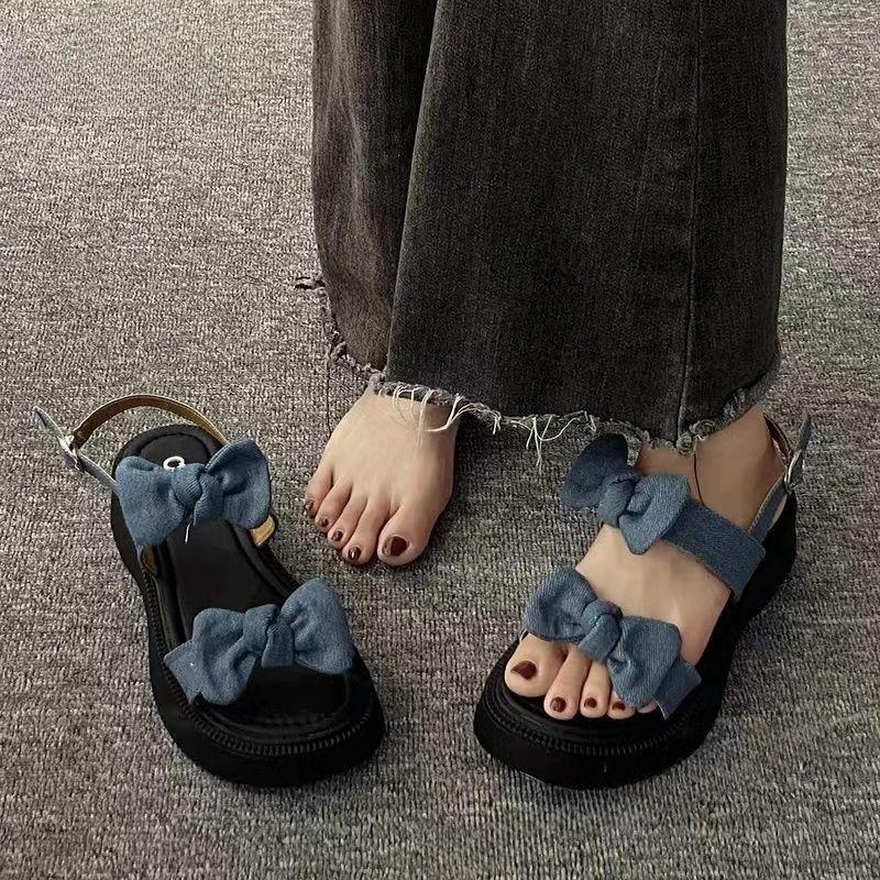 Thick-soled One-word Sandals Fairy Fairy Summer 2025 New Versatile Fairy Bow Non-slip Beach Shoes