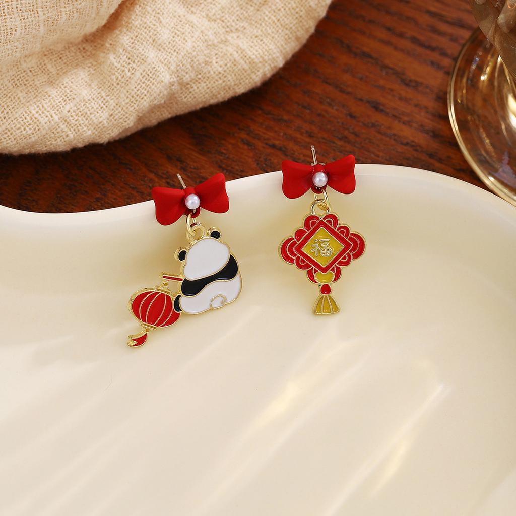 Новогодний Китайский Узел Фонарик Милые Серьги с Пандой, Китайский Стиль Gong Xi Fa Cai Счастливый Мешочек Жемчужные Серьги Женские