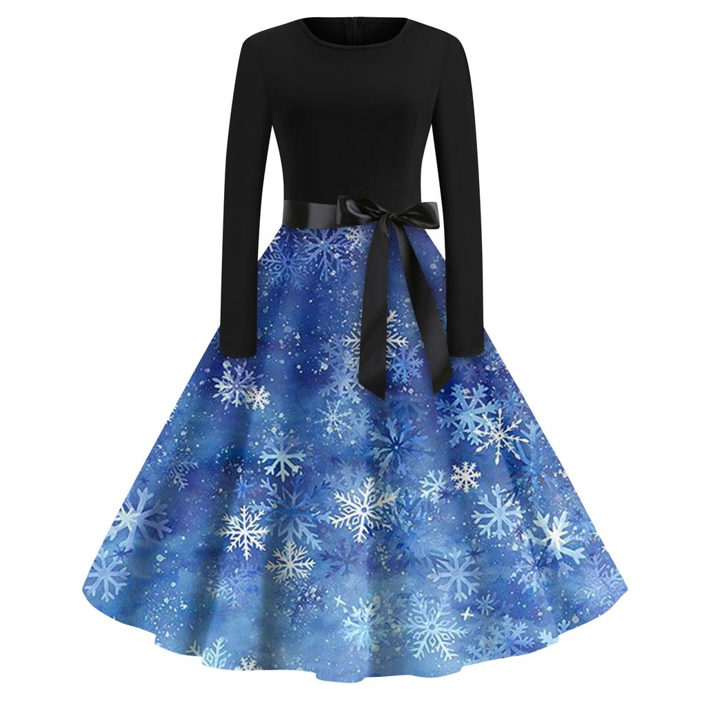 Women's Fashion Round Neck Casual Slim Christmas Printed Long Sleeve Dresses