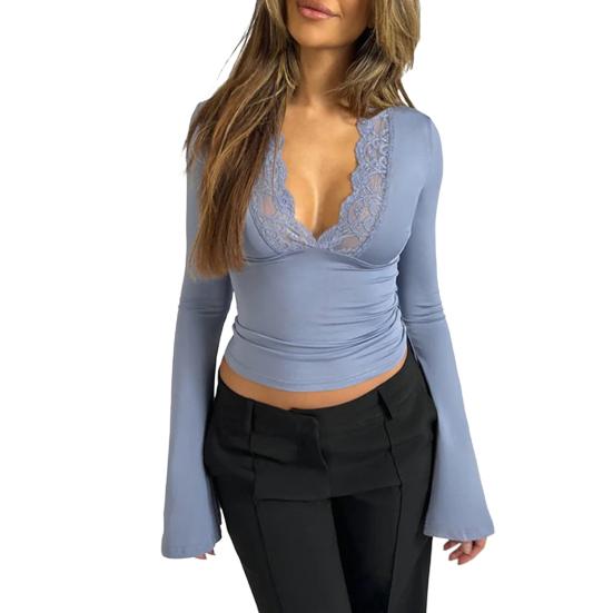 Женский укороченный топ с длинными рукавами, сексуальный, глубокий V-образный вырез, кружевная облегающая блузка, повседневная базовая рубашка для выхода на весну и осень