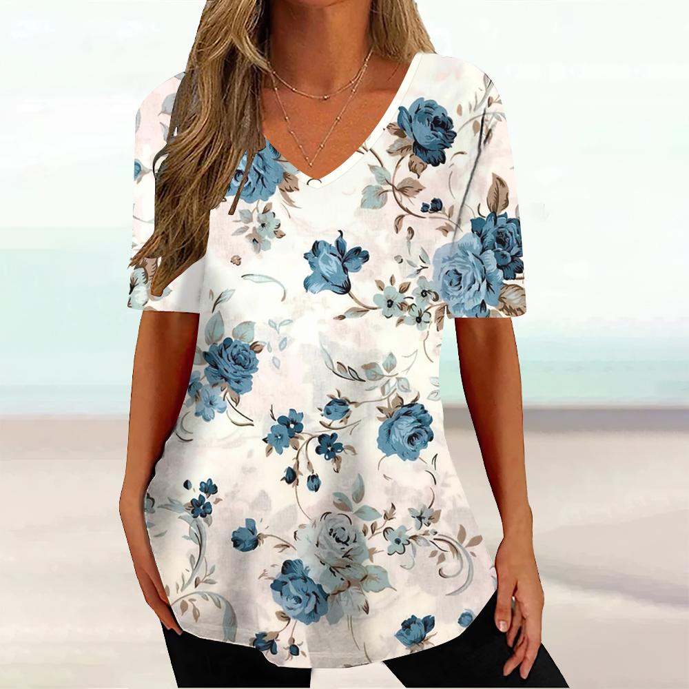 Summer V-neck 3D Floral Printed Top Fashionable Casual Short Sleeved Women's T-shirts