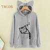 Women Fall Winter Hoodie with Big Pocket Cat Ear Decor Kitty Printing Hooded Full Sleeves Loose Pullover Home School Sport Top