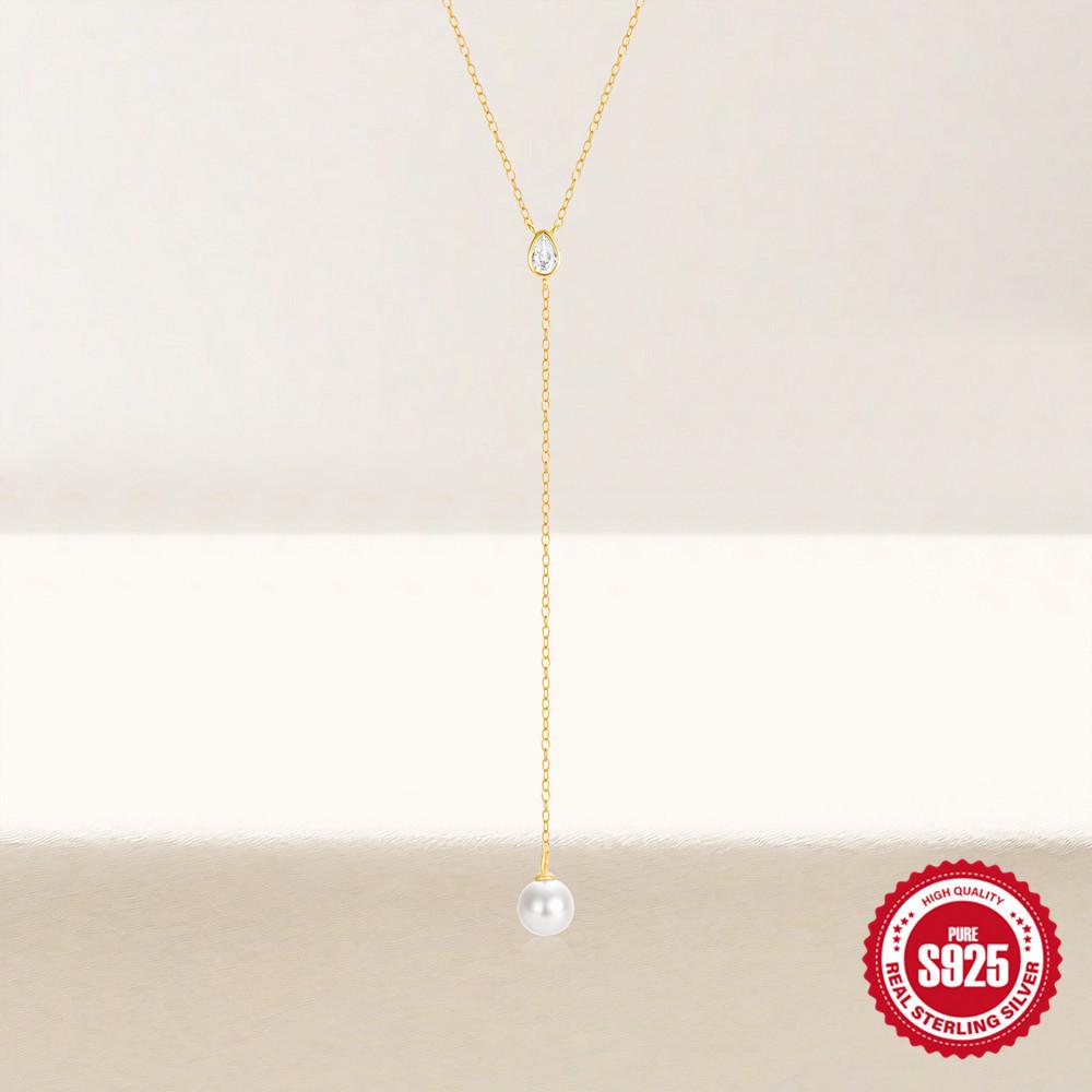 Стильное и простое женское ожерелье на ключицу из стерлингового серебра 925 пробы в форме буквы Y с бриллиантами и жемчугом