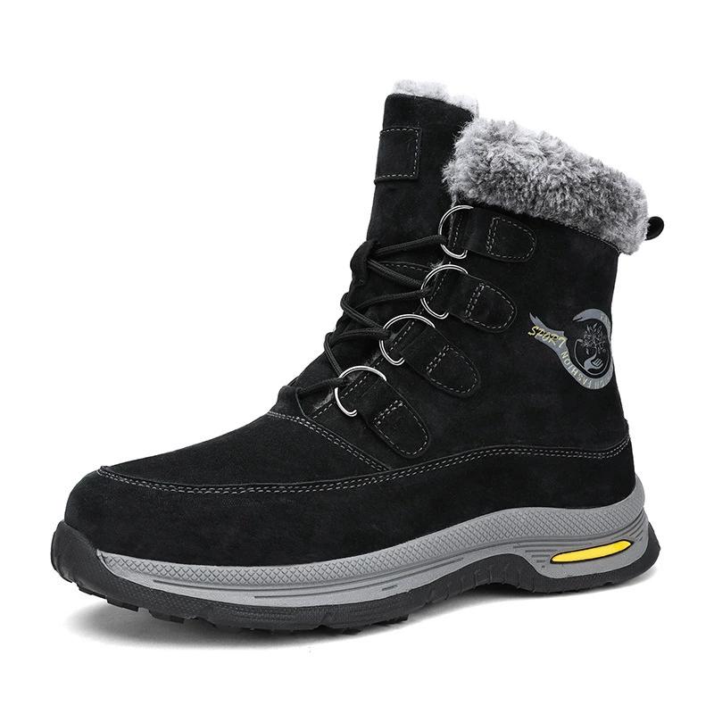 Real Leather Men's Snow Boots with Fleece for Winter Insulation and Warmth, Thick Soled Outdoor Men's Shoes, High Top Boots, Cotton Shoes