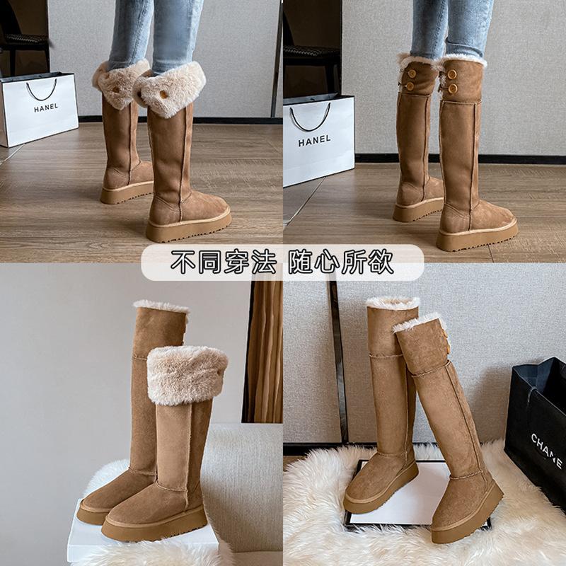 2025 New Solid Color Velvet Thickened Long Tube Women's Snow Boots Thick Sole Fashion Versatile Knee High Tube Cold Protection