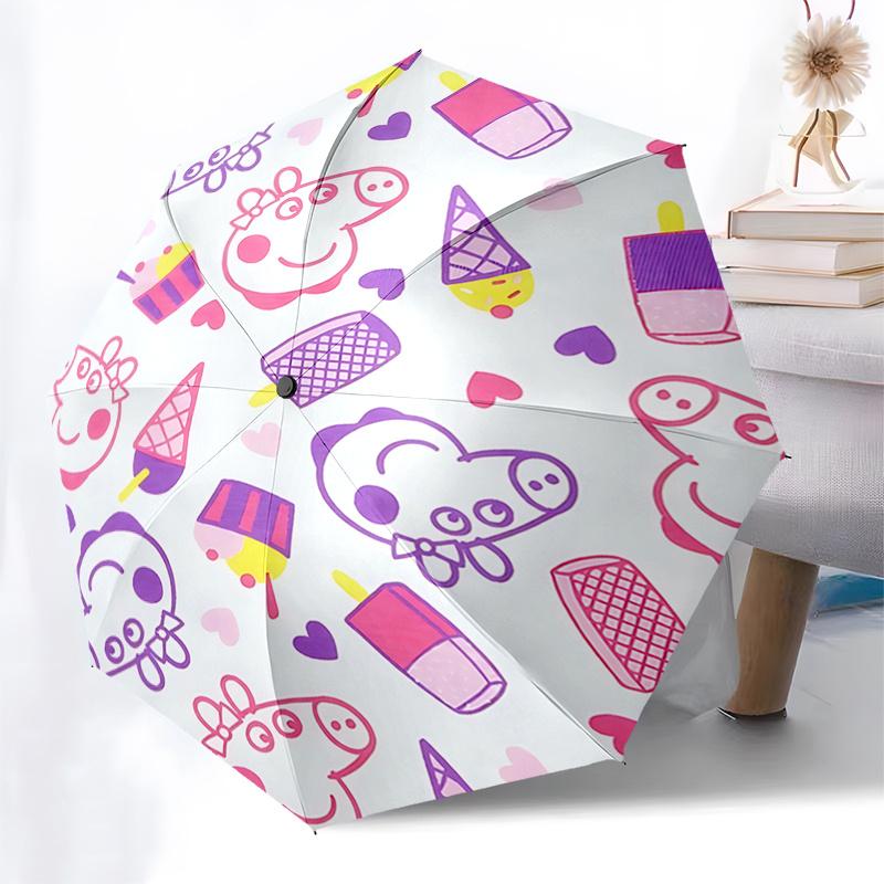Peppa Pig Ice Cream&Hearts Patterned Automatic Opening Folding Umbrella with 8 Bone Iron Frame,Suitable for Fans,Travel,Daily Use,and