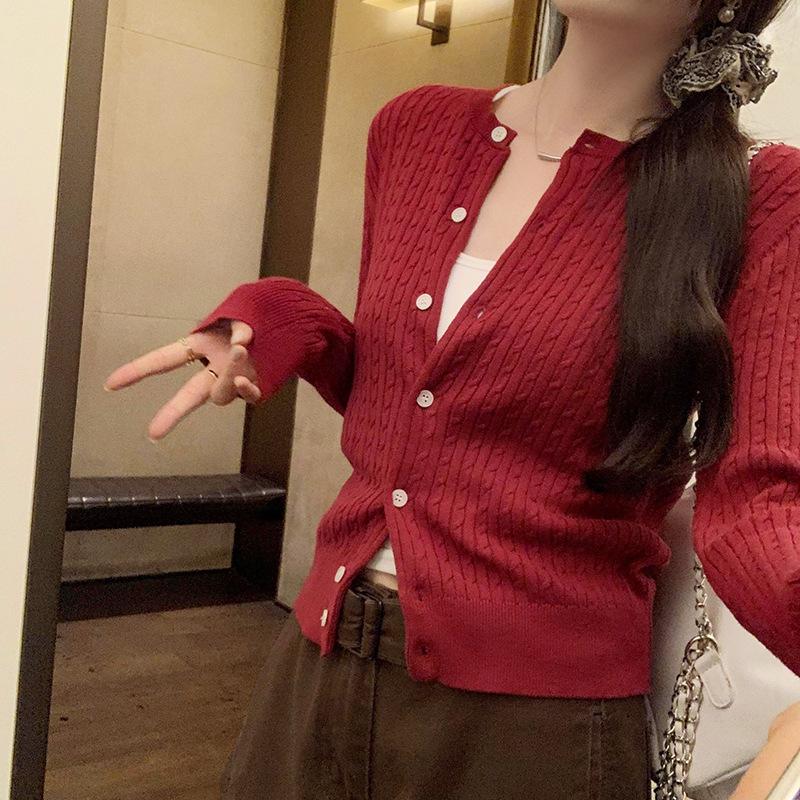 Шикарный вязаный кардиган с длинными рукавами и текстурой Twist для женщин, осенний новый корейский дизайн, короткий топ