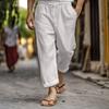 Men's Casual Summer Elastic Waist Drawstring Multi-Pocket Cotton and Linen Trousers Beach Pants