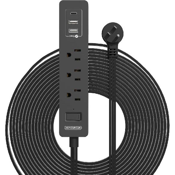 Long Extension Cord 15 Ft, NTONPOWER Ultra Thin Flat Extension Cord Under Carpet, Rug, Door, 3 Outlets Flat Plug Power Strip with 3 USB, Wall Mount,