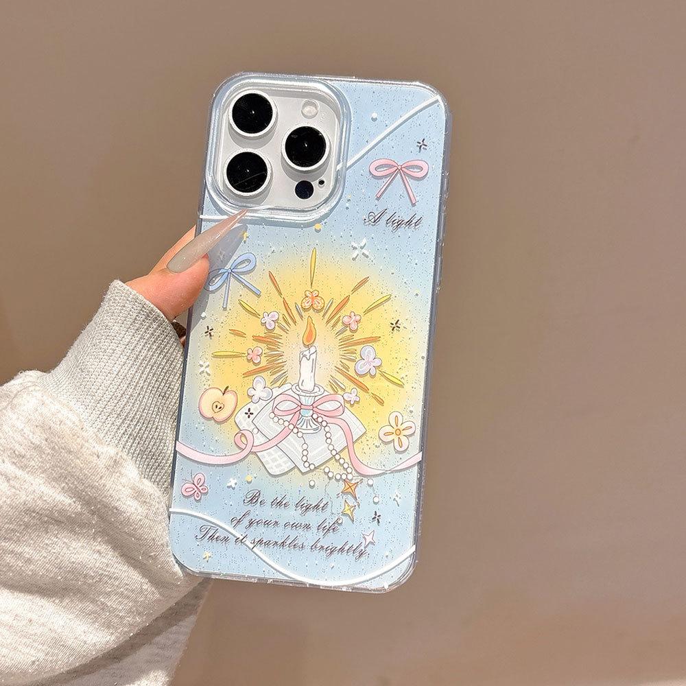 Glitter Shell Gimbal Candle Bow Suitable for Apple 16PM Cute 13 Mobile Phone Case Iphone15pro Protection
